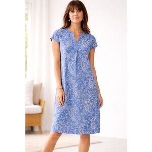J.Jill Blue Grey Paisley Print Dress Cotton Tencel Modal Stretch Cap Sleeve XS
